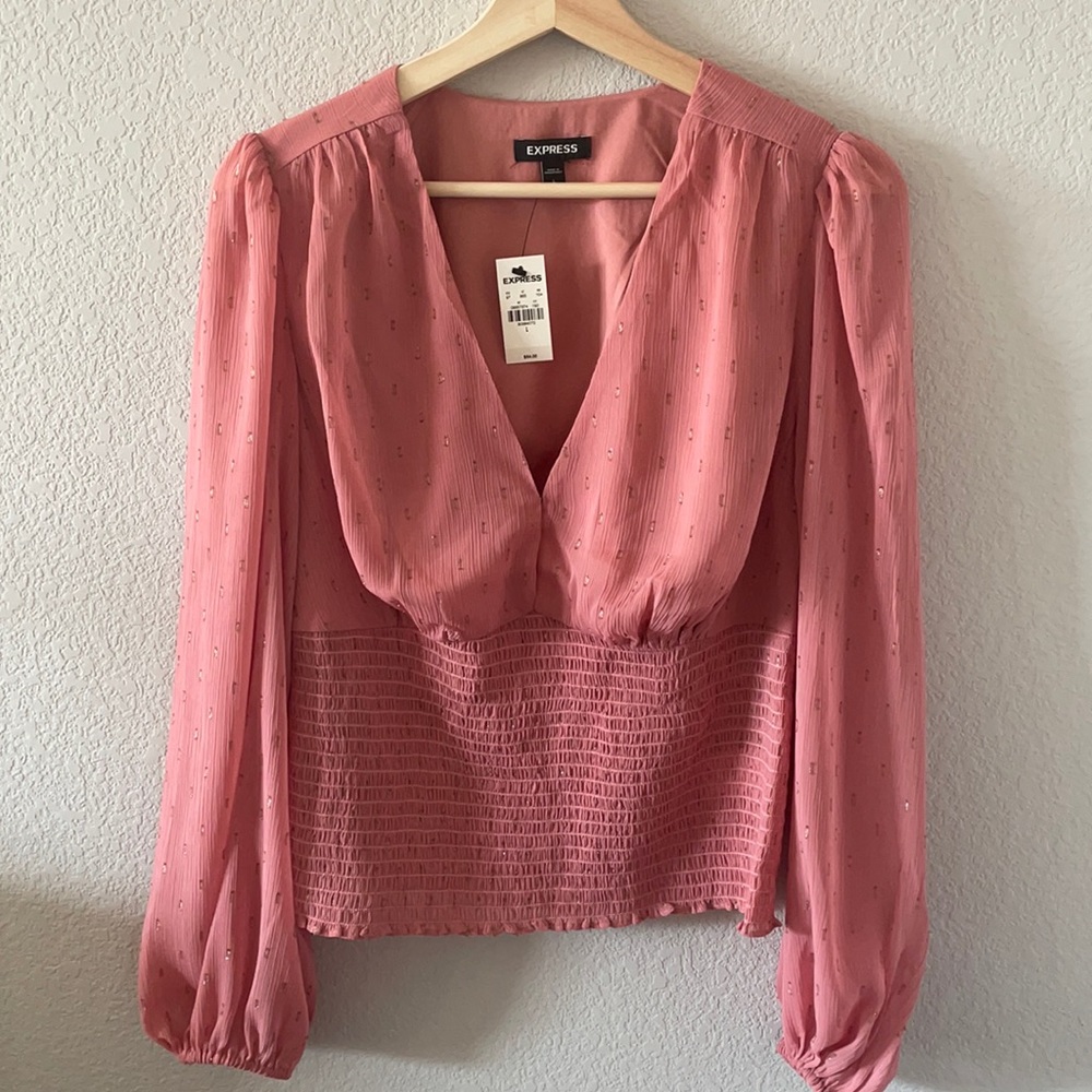 Express pink long sleeve blouse ruched bottom